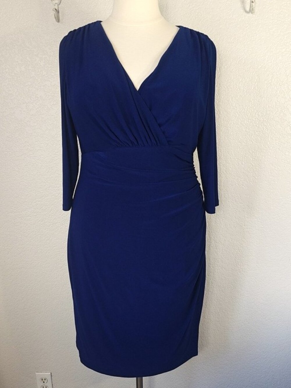LRL 18W Dress Side Ruched Matte Jersey Navy Blue Surplice V-Neck